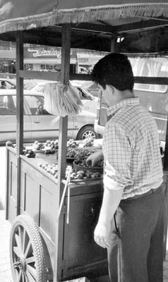 Vendor selling roasted chestnuts on a Sirkeji street — Istanbul.