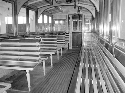 Interior of a tram displayed at the Public Transportation Museum in Szentendre.