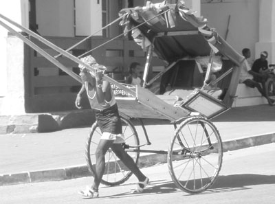 The common method of transportation in the villages of Madagascar.