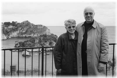 Vern and Nancy Hoium on the balcony of one of the restaurants overlooking the Mediterranean Sea.