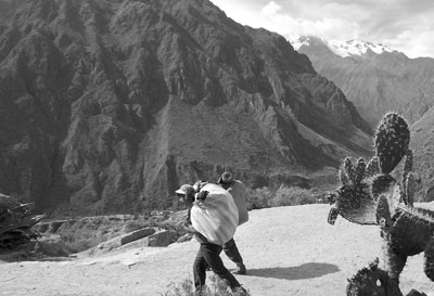 Loaded-down porters hiking the trail.