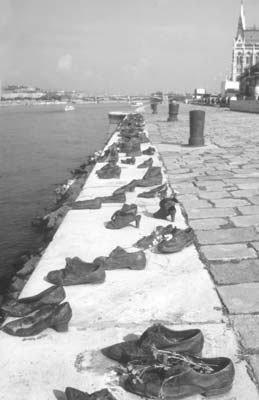 Near the parliament building in Budapest, these painted steel shoes commemorate Jews who were lined up and pushed into the river during WWII.