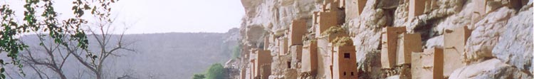 Ancient cliff dwellings embedded in miles of escarpment in Dogon country, Mali.