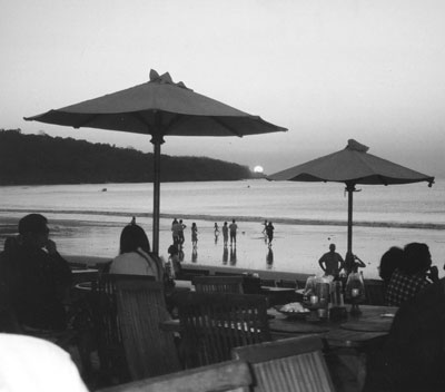 Tables at the Menega Café, Jimbaran beach. Photo: Eastley