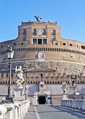 Ponte Sant’Angelo is almost overwhelmed by the mass of Castel Sant’Angelo — Rome.