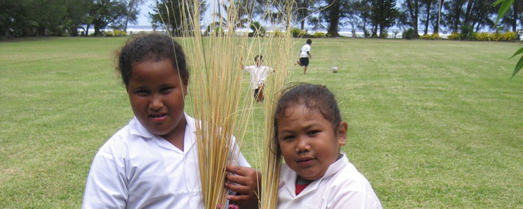 Afternoon school project — students make brooms out of palm fronds.