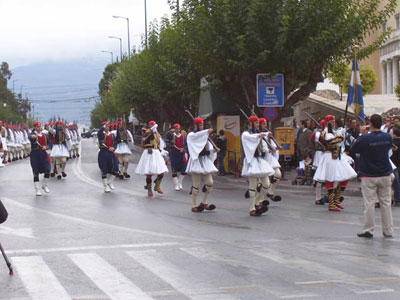 An honor guard on its way to Parliament in Athens for the changing of the guard at the Tomb of the Unknown Soldier.