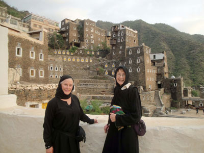 Patti and Doris at the Al Hamsan traditional village. Photo: Khaled Al Took 