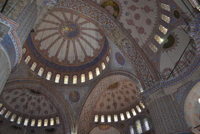 The intricate ceiling of the Blue Mosque.