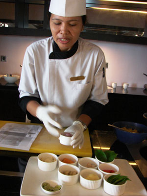 Chef M. Kadek Ari Utami setting out ingredients for the satay — Pan Pacific Nirwana Bali Resort. Photos by Sandra Scott