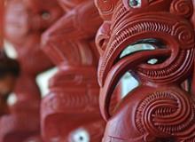 Carvings on the Whare Runanga, a Maori meeting house built in 1940 at the Waitangi Treaty Grounds in New Zealand. Photo: ©Rafael Ben-Ari/123rf.com