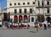 A group of schoolchildren in Havana’s Plaza Vieja.