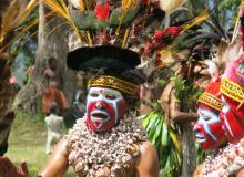 Iridescent beetles are woven into the headbands of these Wahgi Valley women.