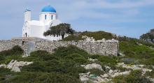 Blue-domed church seen on the way to Ancient Arkesini, on the island of Amorgos.