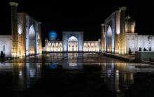 In Samarkand, Uzbekistan, on special occasions, Registan Square is lit at night. Photo by Nick Stooke