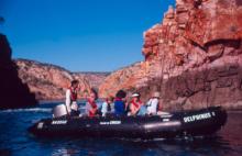 A Zodiac inflatable boat at the headwater of the Horizontal Falls.