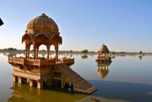 Beautifully carved chattris on Gadi Sagar Lake — Jaisalmer, India. 