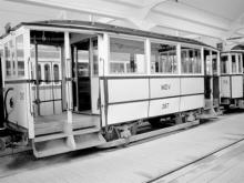 Exterior of a tram displayed at the Public Transportation Museum in Szentendre.