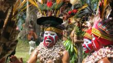 Iridescent beetles are woven into the headbands of these Wahgi Valley women.