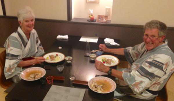 Anne and Simon Lowings enjoying dinner at a ryokan in Japan.