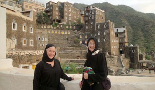 Patti and Doris at the Al Hamsan traditional village. Photo: Khaled Al Took 