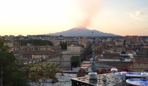 The active volcano Mt. Etna as seen from the roof terrace of the UNA Hotel Palace in Catania. Photo by Ging Steinberg