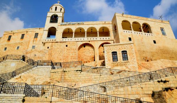 The dramatic façade of Saidnaya Monastery.