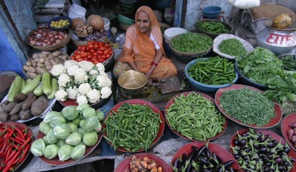 In the streets of Jodhpur, a woman displays the wealth of vegetables available to shoppers.