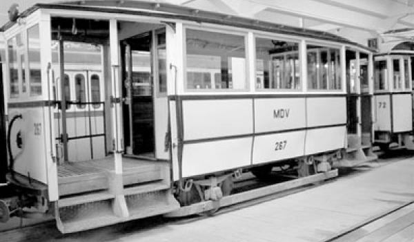 Exterior of a tram displayed at the Public Transportation Museum in Szentendre.