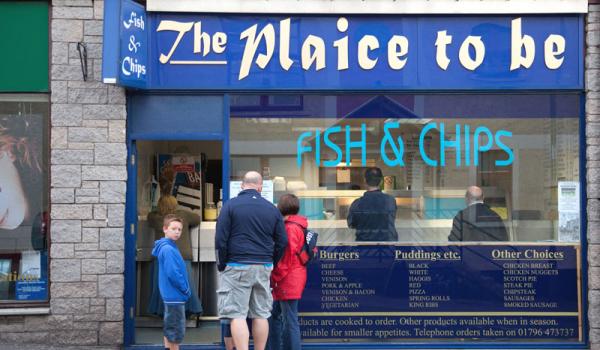 If you need cheap street food in Britain, get take-out from a fish-and-chips shop such as this one in Pitlochry, Scotland. Photo by Dominic Bonuccelli