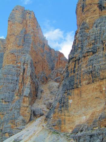 Yes, the trail really does descend into this steep gully at Forcella del Lago. Photo by Inga Aksamit