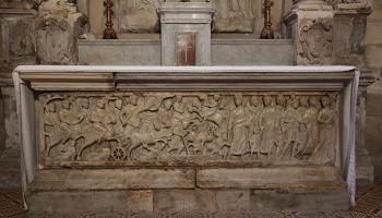 A Roman sarcophagus repurposed as an altar — Church of Saint Trophime, Arles.