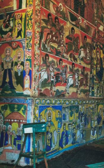 Murals inside a round church on Tana Lake.