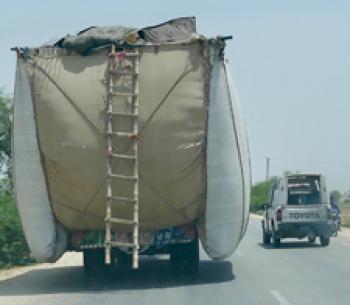 South of Larkana, we saw this truck loaded with wheat chaff for animals — a common sight in southern Pakistan.