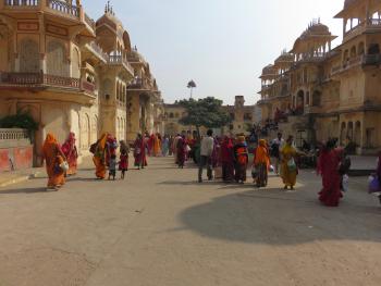 A vibrant display of color at the Monkey Temple in Jaipur.