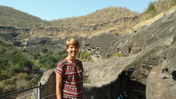 Inga Aksamit at the Ajanta Caves in Aurangabad. Photo by Steve Mullen