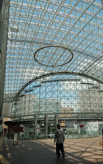 Modernist design outside the entrance to the rail station in Kanazawa.