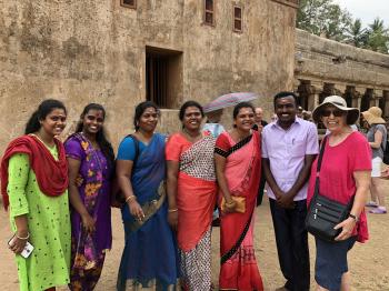 Norma Jenkins <i>(right)</i> meeting locals in front of the Gateway of India in Mumbai.