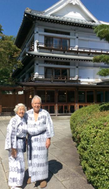 The Storches in front of the Kusatsu Hotel in Kusatsu.