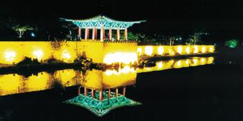 The Wolji Pond all lit up in Gyeongju, South Korea. Photo by Sandra Yon