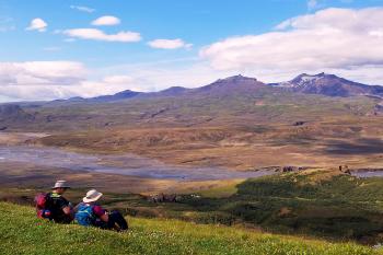 Hikers atop Valahnúkur in the Þórsmörk (“Thor’s Woods”) region are rewarded with 360-degree views. Photo by Glenn Eriksen