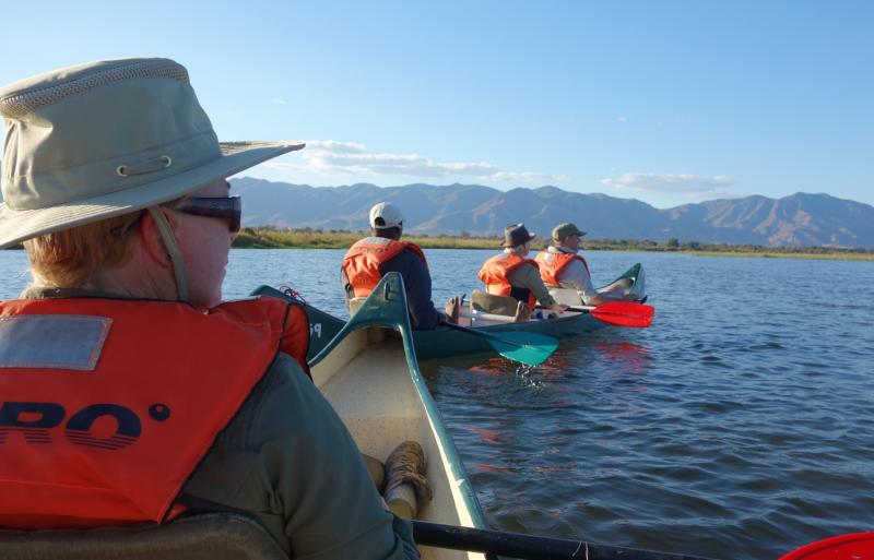 Paddling down the Zambezi River.